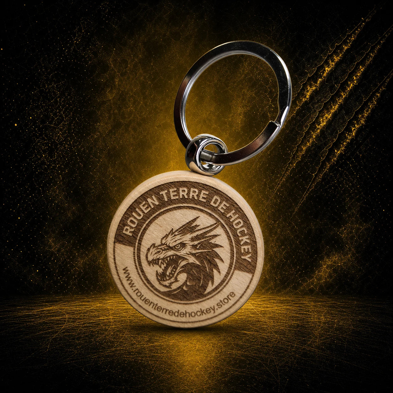 Porte-clés en Bois gravé - Rouen Terre de Hockey - recto